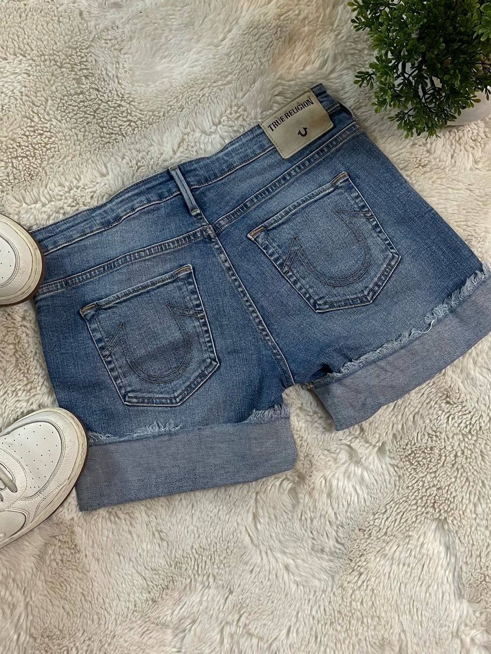 True Religion Medium Wash Cuffed Denim Shorts - Size 28